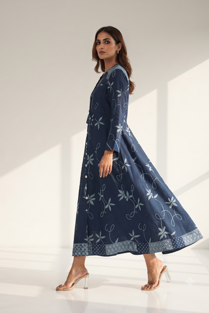Indigo Vine Trail Cotton Long Button Down Dress