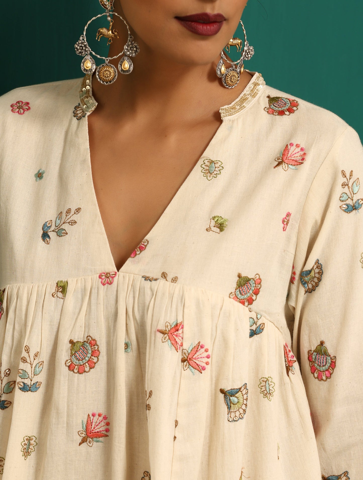 trueBrowns Ivory Multi Color Cotton Yoke Gathered Co-ord Set