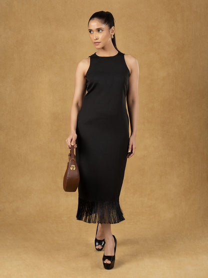 Black Solid Sleeveless Midi Dress