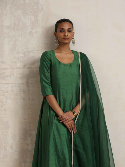 trueBrowns Dark Green Anarkali Kurta Pant Dupatta Set