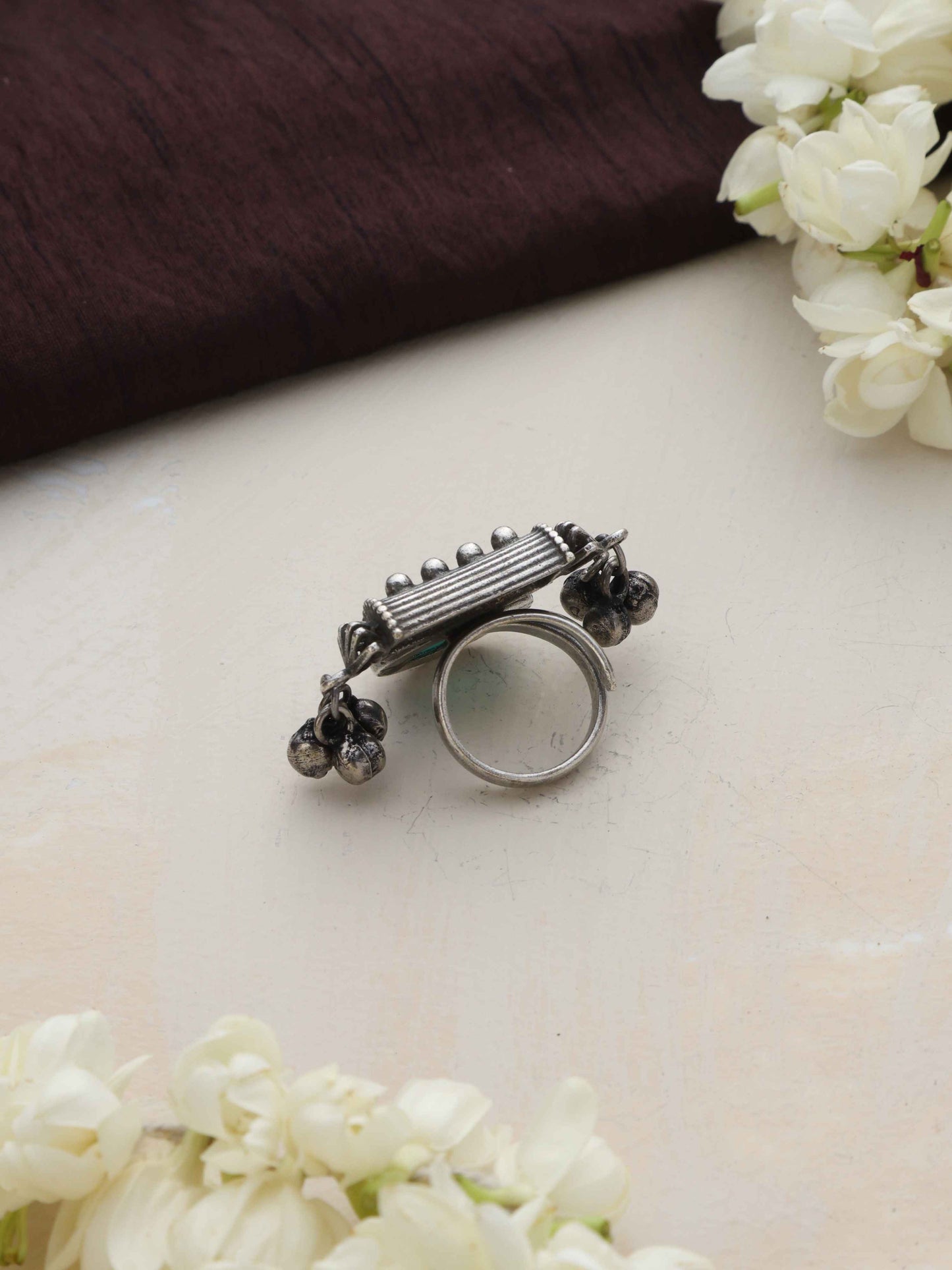 trueBrowns Silver Tone Stone Ghungroo Ring