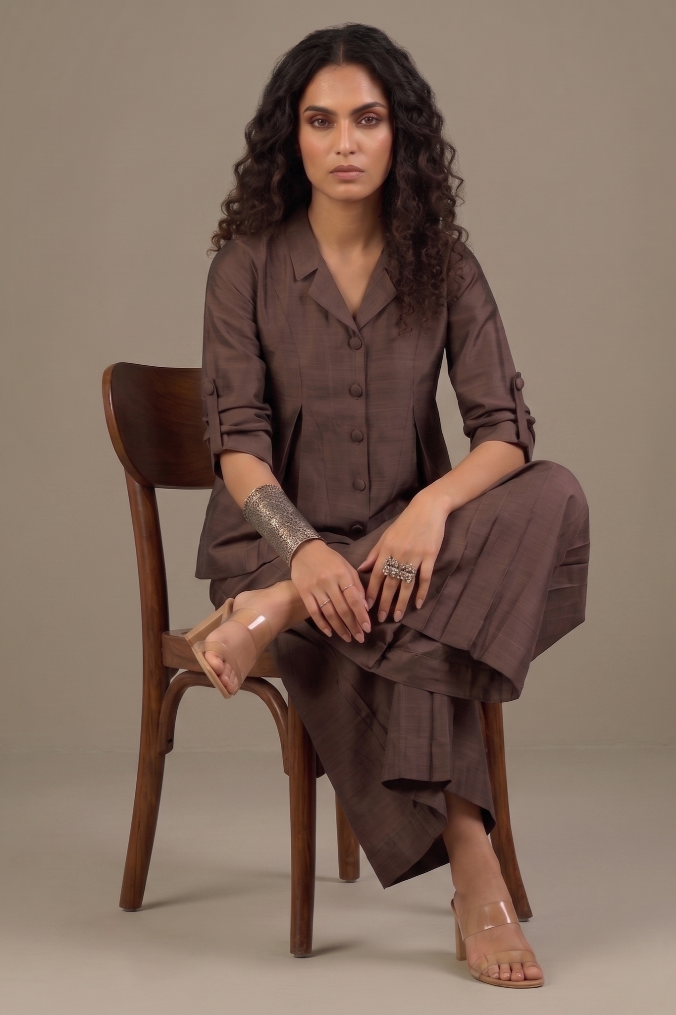 Coffee Bean Silk Slub Jumpsuit With Pockets & Collar Mc