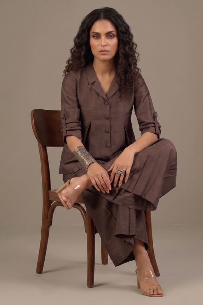 Coffee Bean Silk Slub Jumpsuit With Pockets & Collar Mc