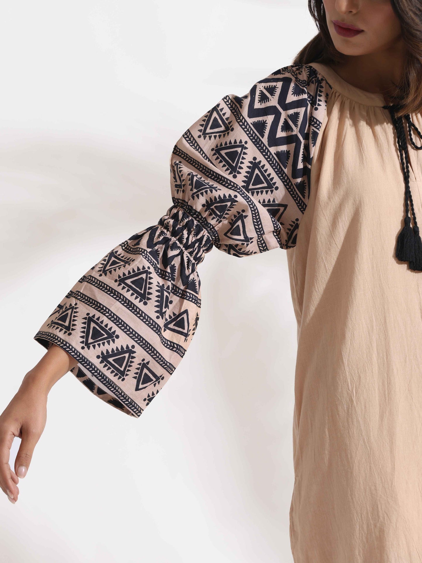 trueBrowns Beige Cotton Print Long Dress