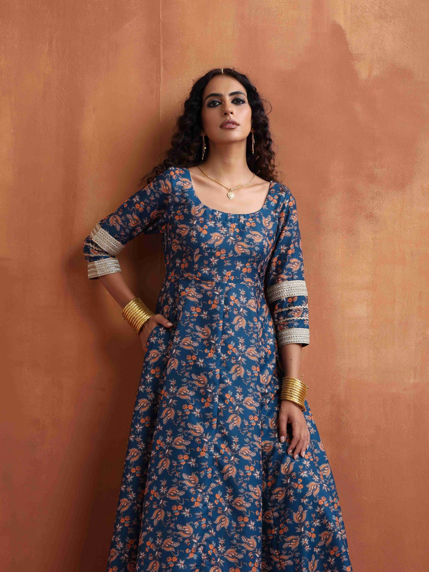 trueBrowns Blue Print Flared Anarakali Kurta Set