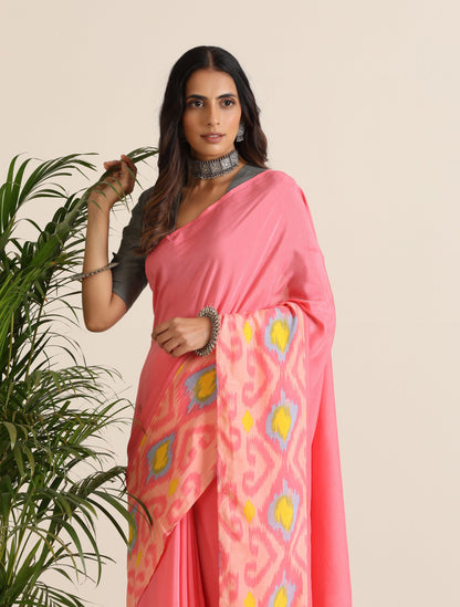 trueBrowns Pink Lime Muslin Ikat Ready to Wear Saree