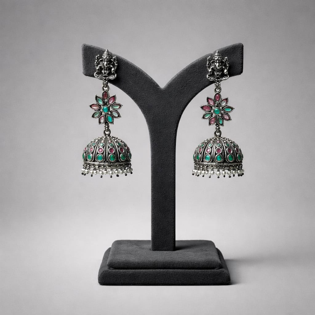 Oxidized Silver Floral Jhumka Earrings with Turquoise & Pink Stones LP- 48Hr Delivery
