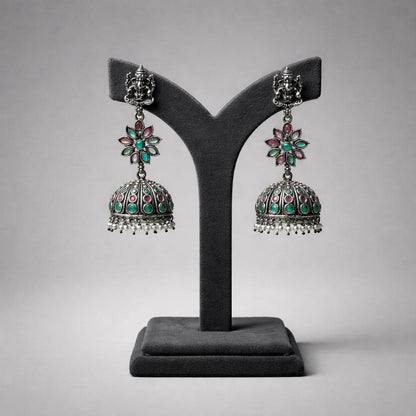 Oxidized Silver Floral Jhumka Earrings with Turquoise & Pink Stones LP- 48Hr Delivery