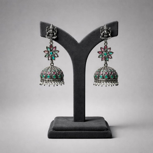Oxidized Silver Floral Jhumka Earrings with Turquoise & Pink Stones LP- 48Hr Delivery