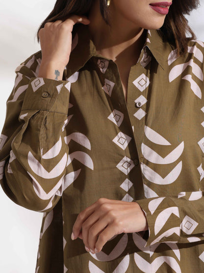 trueBrowns Olive Green Cotton Print Shirt Dress
