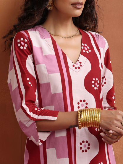 trueBrowns Pink Geometric Print Kurta Co-ord Set