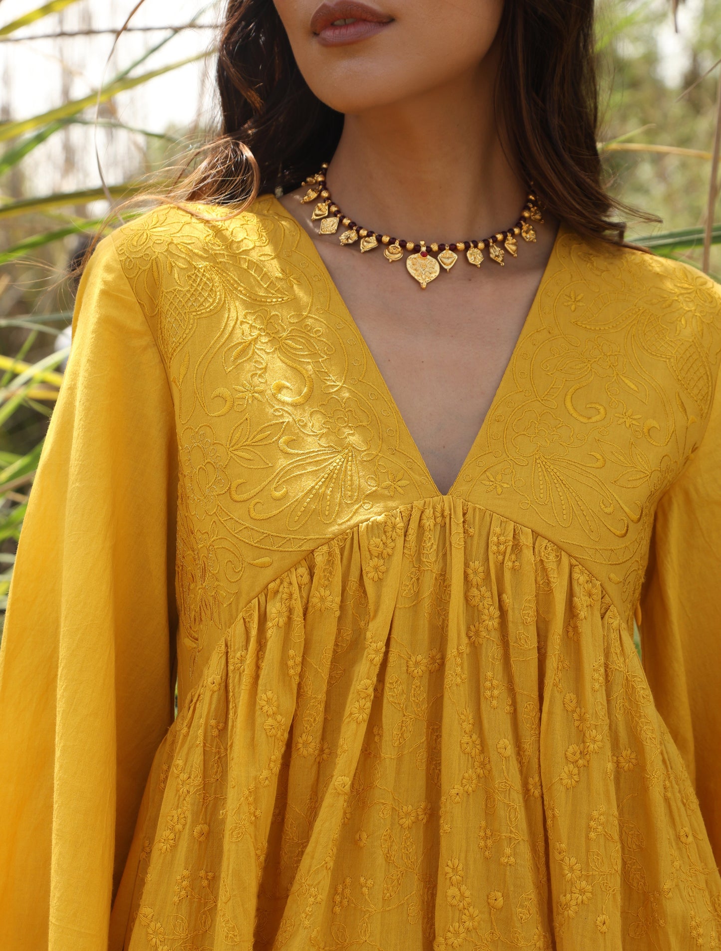 trueBrowns Mustard Cotton Embroidered Flared Kurta Set