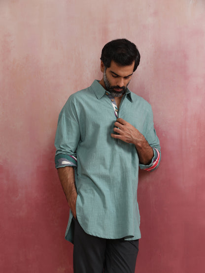 trueBrowns Men's  Aqua Blue Cotton Shirt Collar Stylized Kurta