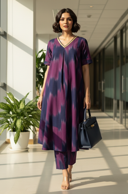 Maati Twilight Streak Modern Box Pleated Cotton Kurta & Pants Co-Ord Set