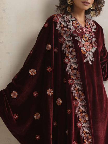 trueBrowns Maroon Velvet Floral Embroidered Kurta Pant Dupatta Set