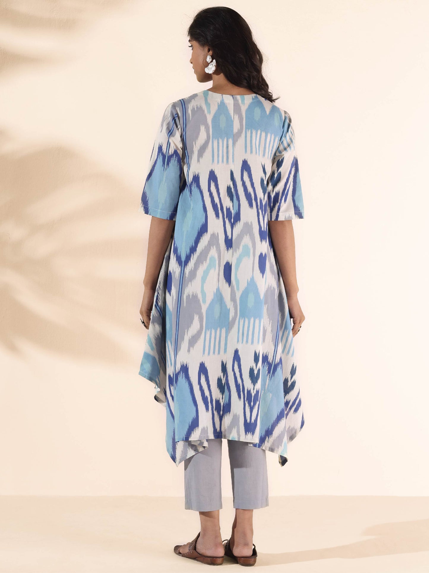 trueBrowns Blue Cotton Ikat Flared Kurta Pant Set