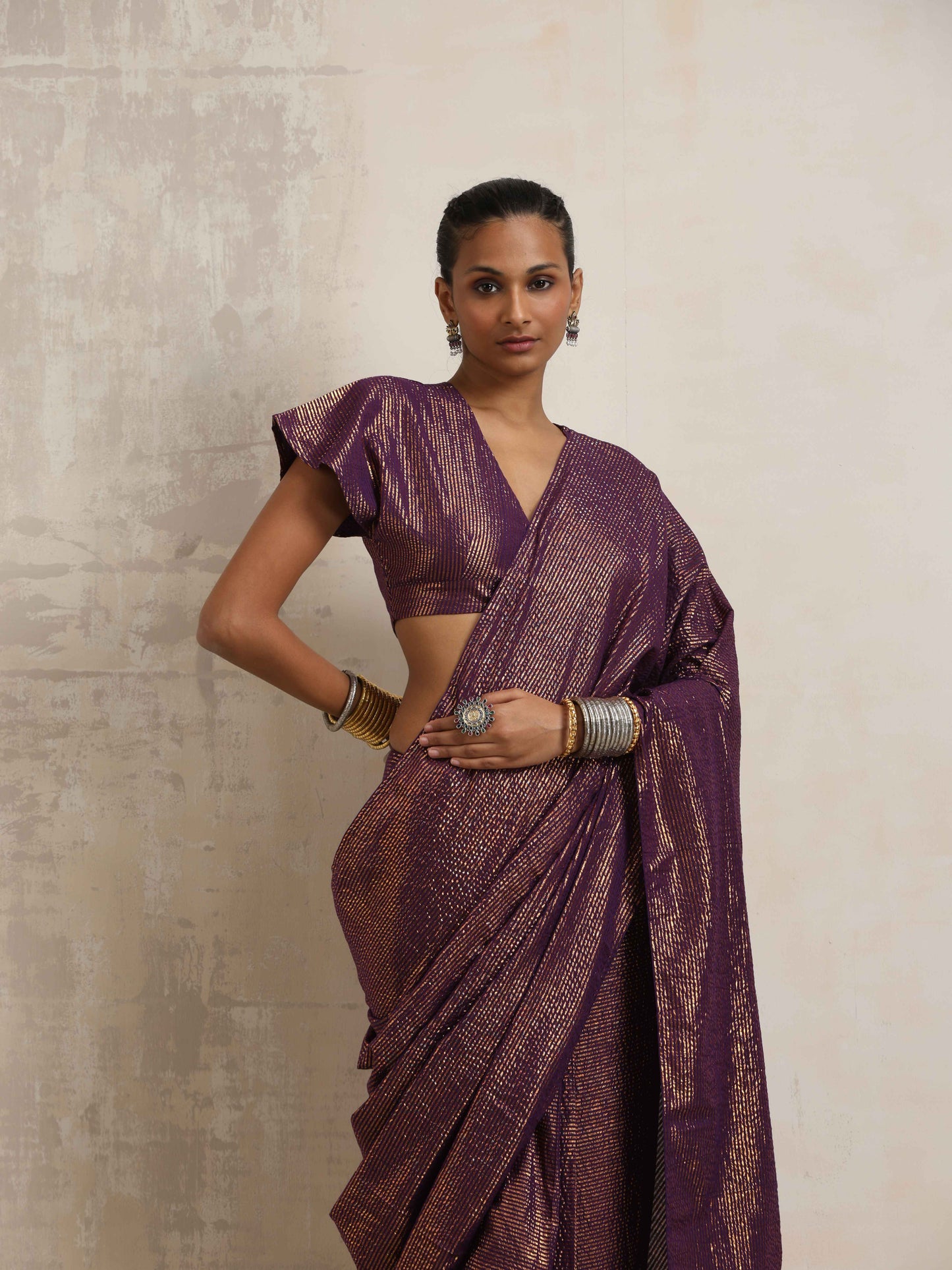 trueBrowns Purple Gold Metallic Ready To Wear Saree