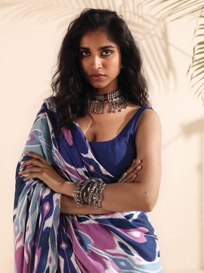 trueBrowns Blue Purple Muslin Ikat Saree