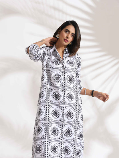 trueBrowns White Cotton Print Shirt Dress