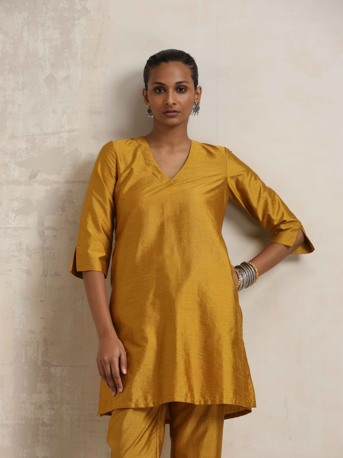 trueBrowns Gold Silk Kurta Co-ord Set