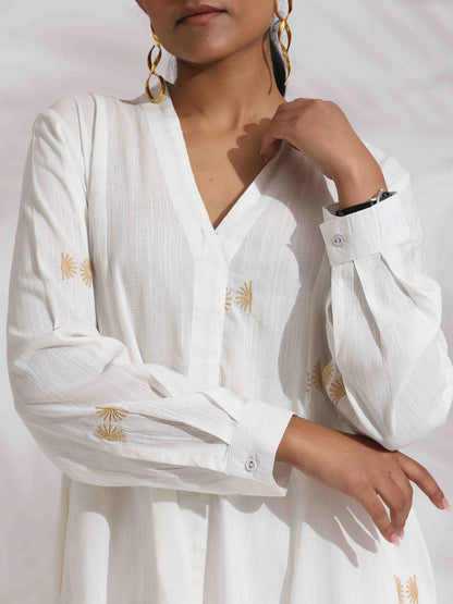 trueBrowns Off-White Cotton Embroidered A-line Co-ord Set