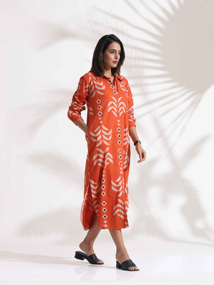 trueBrowns Orange Cotton Print Shirt Dress