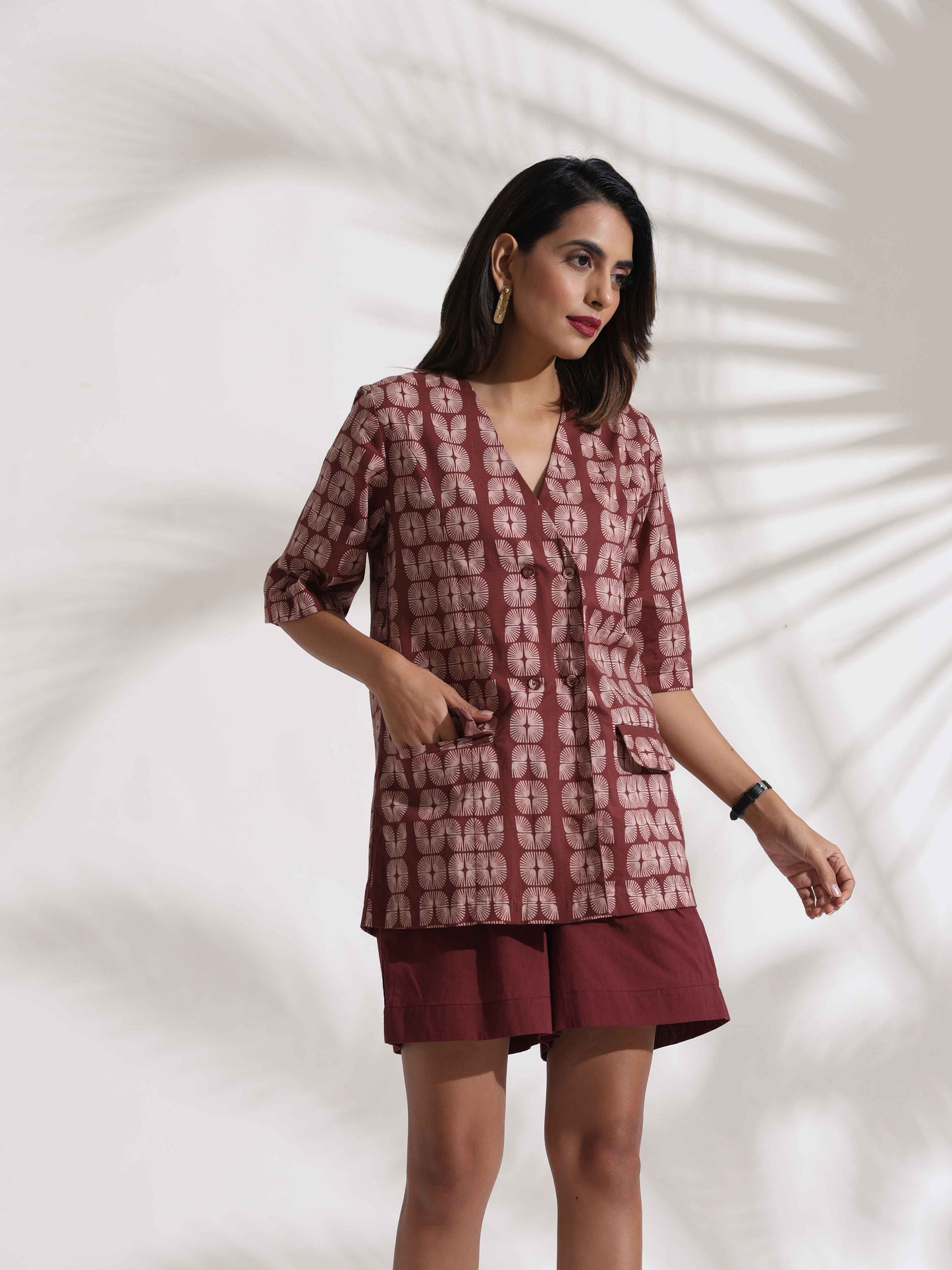 trueBrowns Brown Cotton Print Jacket Top & Short Co-ord Set