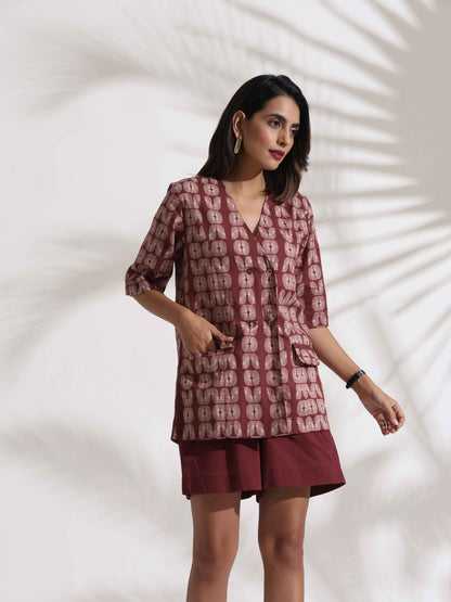 trueBrowns Brown Cotton Print Jacket Top & Short Co-ord Set