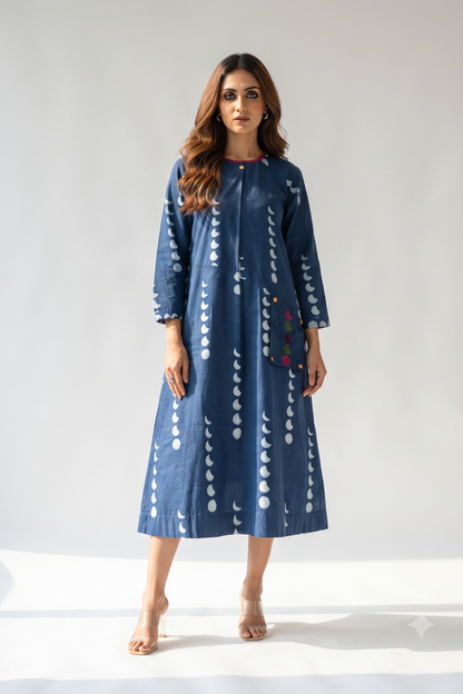 Indigo Lunar Rhythm Cotton A-Line Dress With Patch Pocket