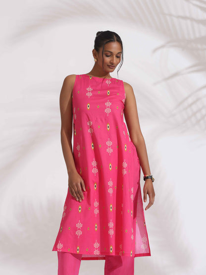 trueBrowns Pink Cotton Print Sleeveless Kurta Set