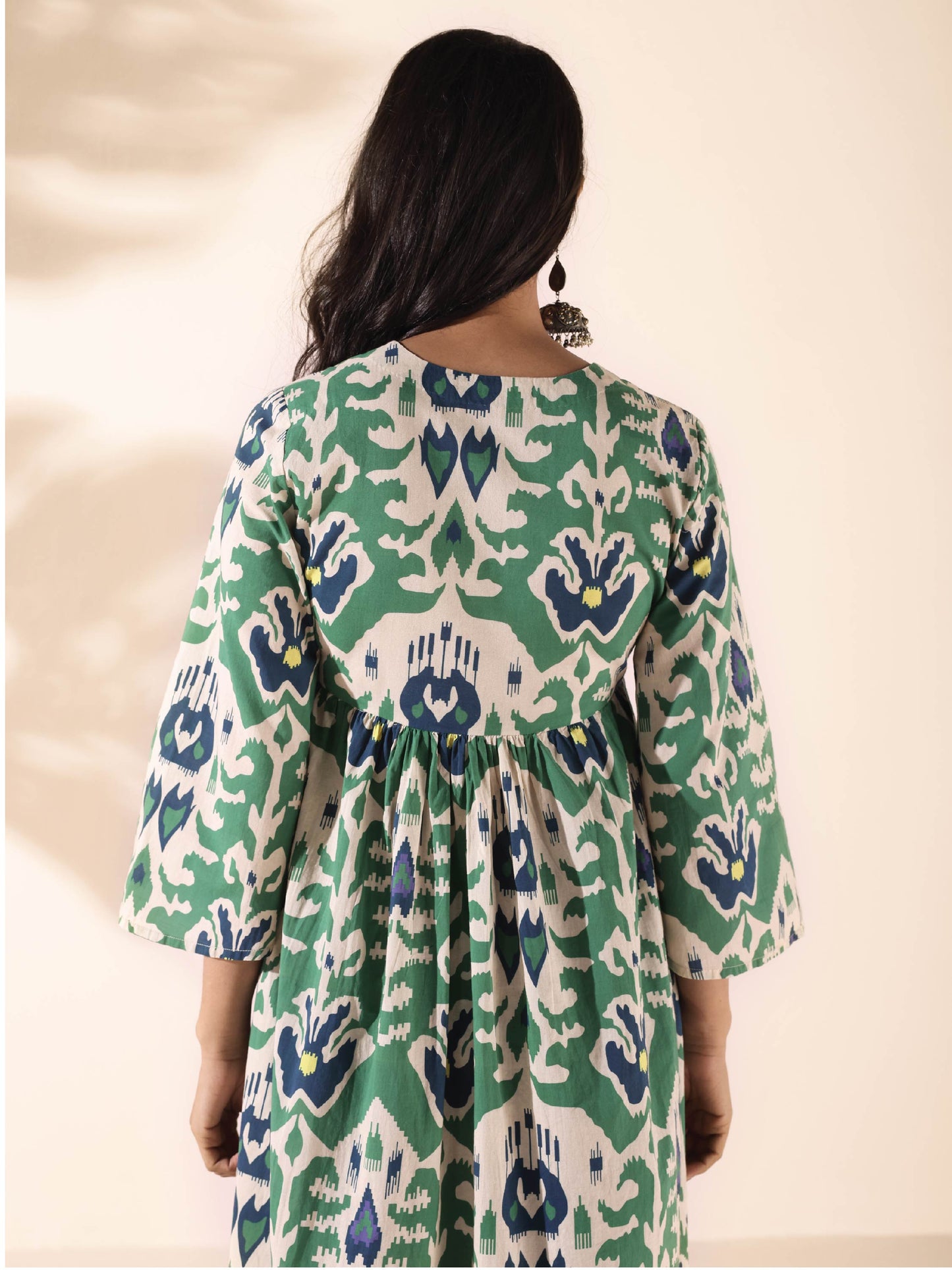 trueBrowns Green Cotton Ikat Flared Kurta Pant Set