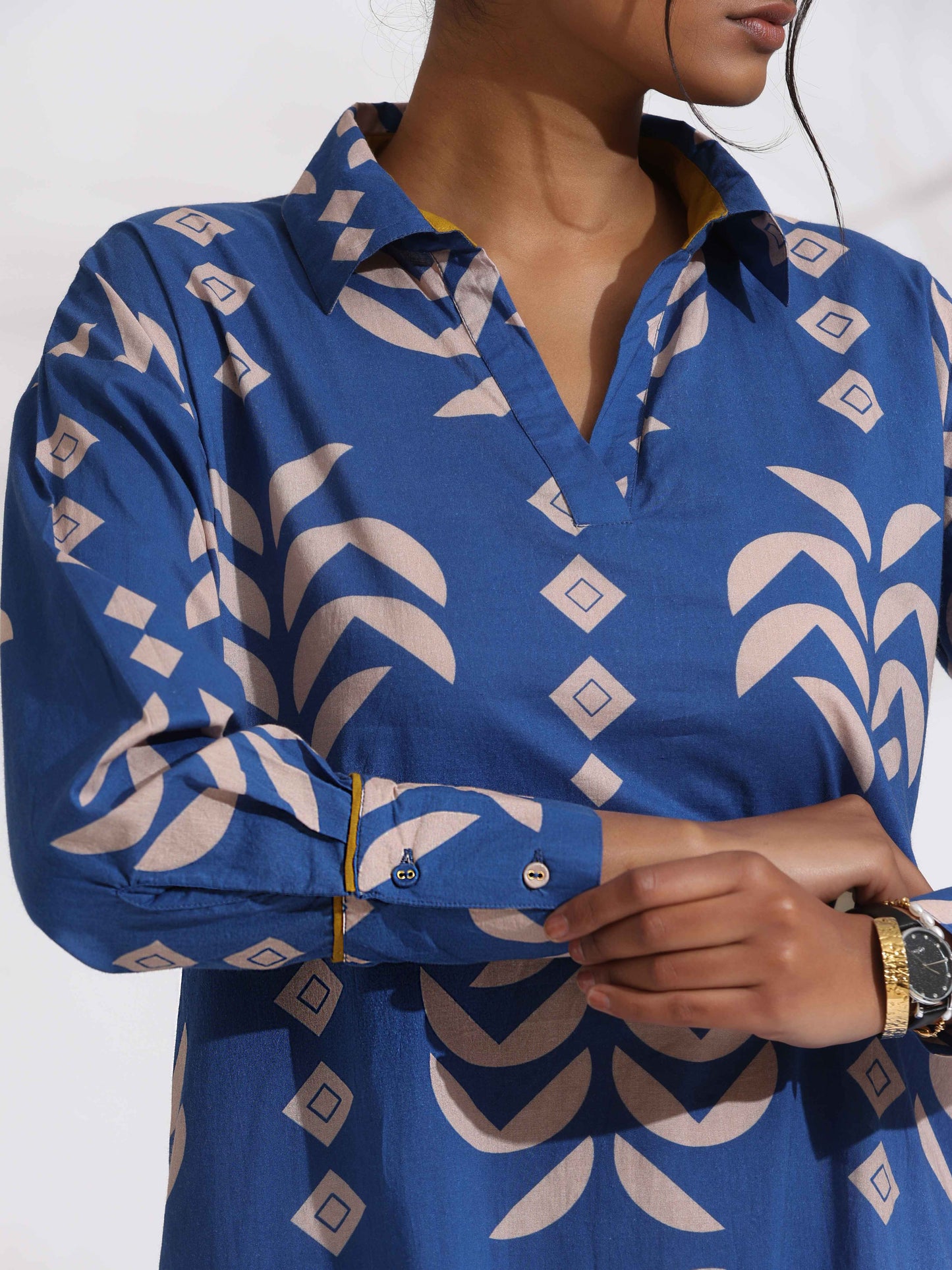 trueBrowns Blue Cotton Stripe Print Kurta Set