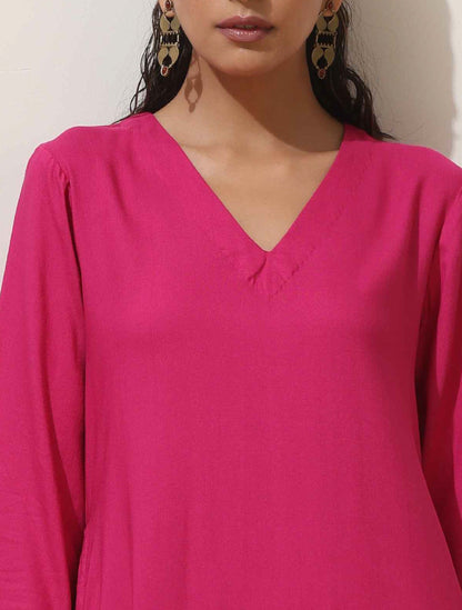 trueBrowns Pink Viscose Kurta Pant Set