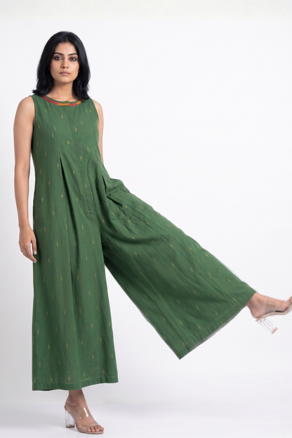 Moss Gold Butti Cotton Sleeveless Button Down Jumpsuit