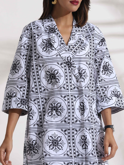 trueBrowns White Cotton Print Jacket Co-ord Set