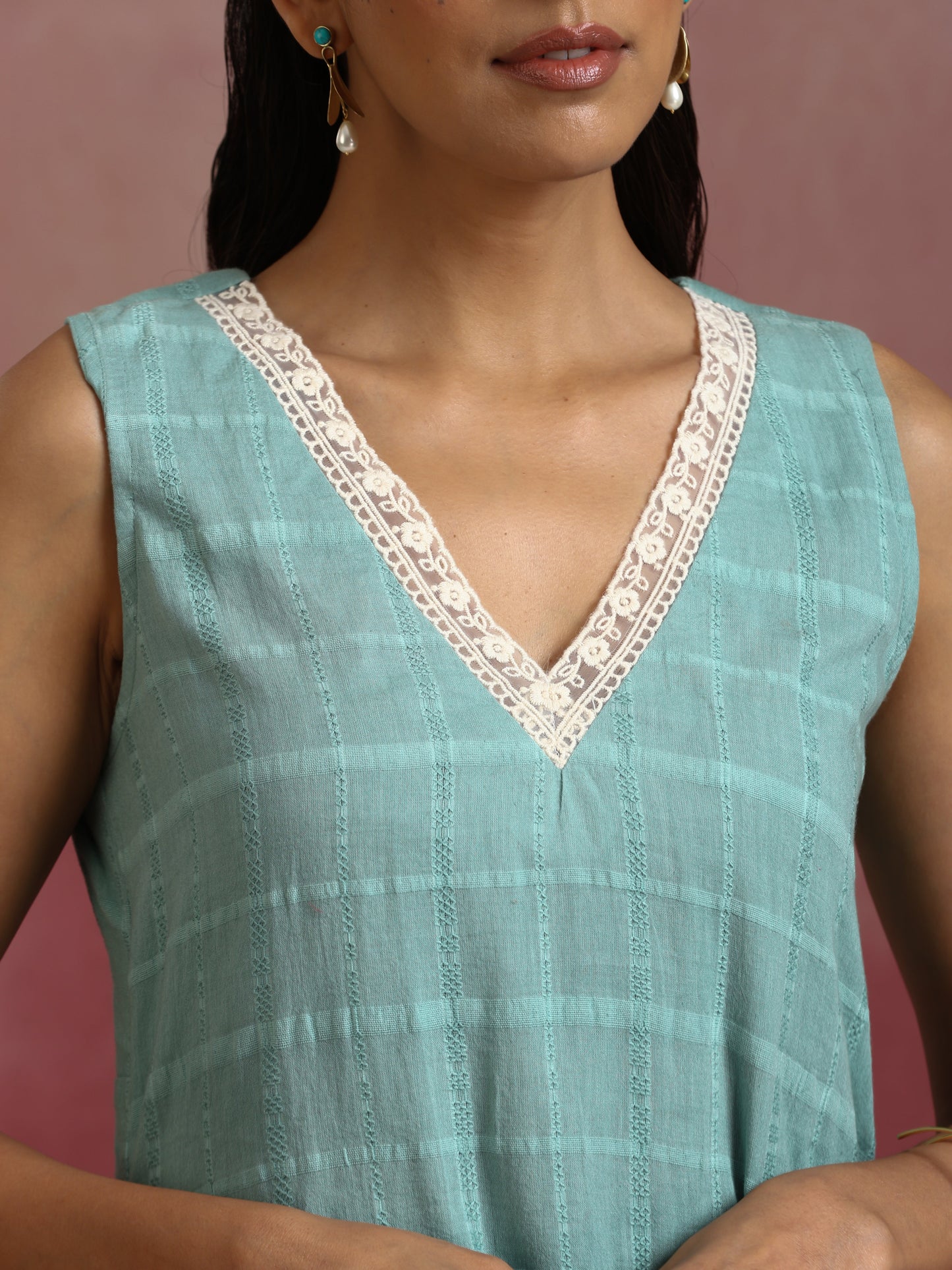 trueBrowns Aqua Blue Cotton Dobby High low Kurta Set