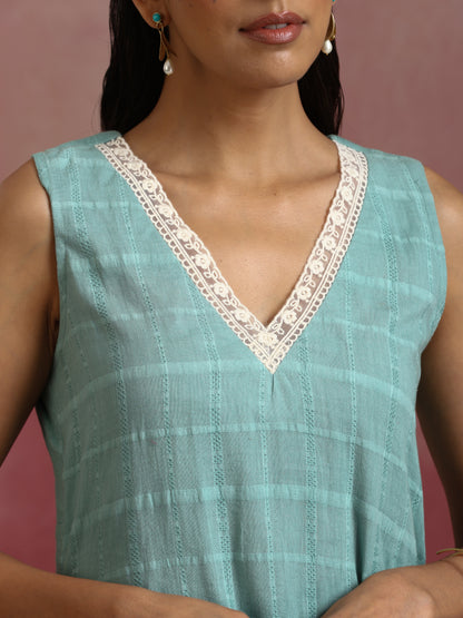 trueBrowns Aqua Blue Cotton Dobby High low Kurta Set