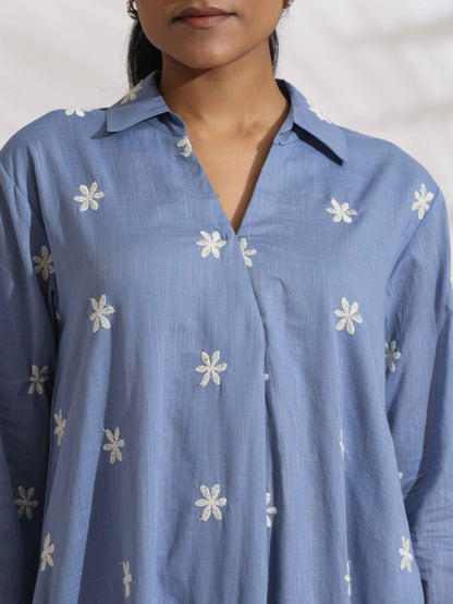 trueBrowns Blue Cotton Floral Embroidered Dress