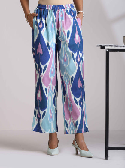 trueBrowns Blue Cotton Ikat V-neck Co-ord Set