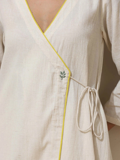 trueBrowns Off White Cotton Angrakha Kurta Pant Set