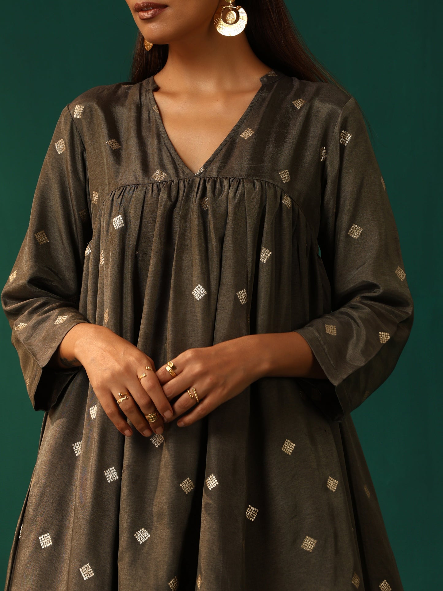 trueBrowns Grey Diamond Viscose Silk Yoke Gathered Co-ord Set