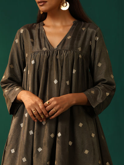 trueBrowns Grey Diamond Viscose Silk Yoke Gathered Co-ord Set
