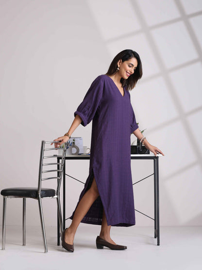 trueBrowns Purple Cotton Dobby Slit Dress LP