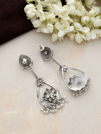 trueBrowns Silver  Tone Floral Chandbaali Earrings