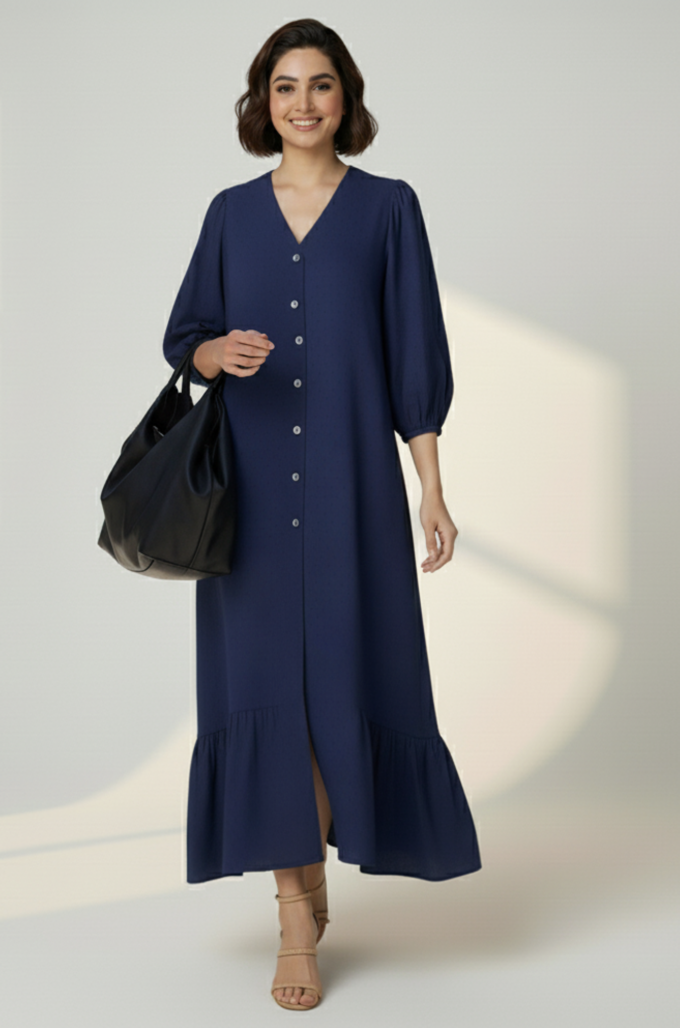 Maati  Cosmic Violet Front Button Cotton Dress With Ruffle Border