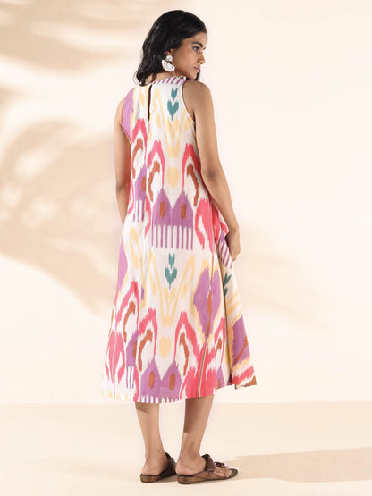 trueBrowns Pink Cotton Ikat Sleeveless Dress