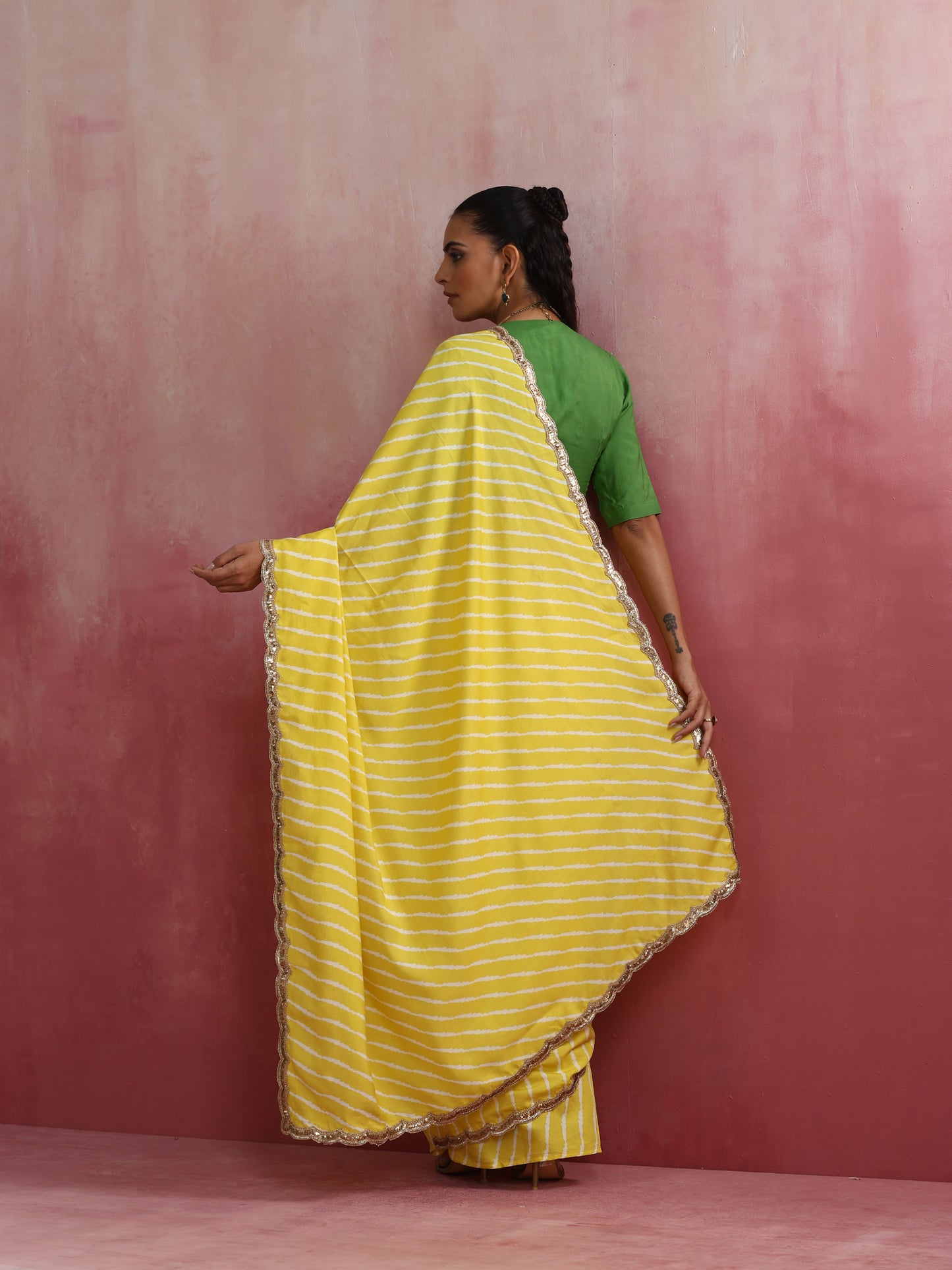 trueBrowns Lime Muslin Silk Ready To Wear Saree