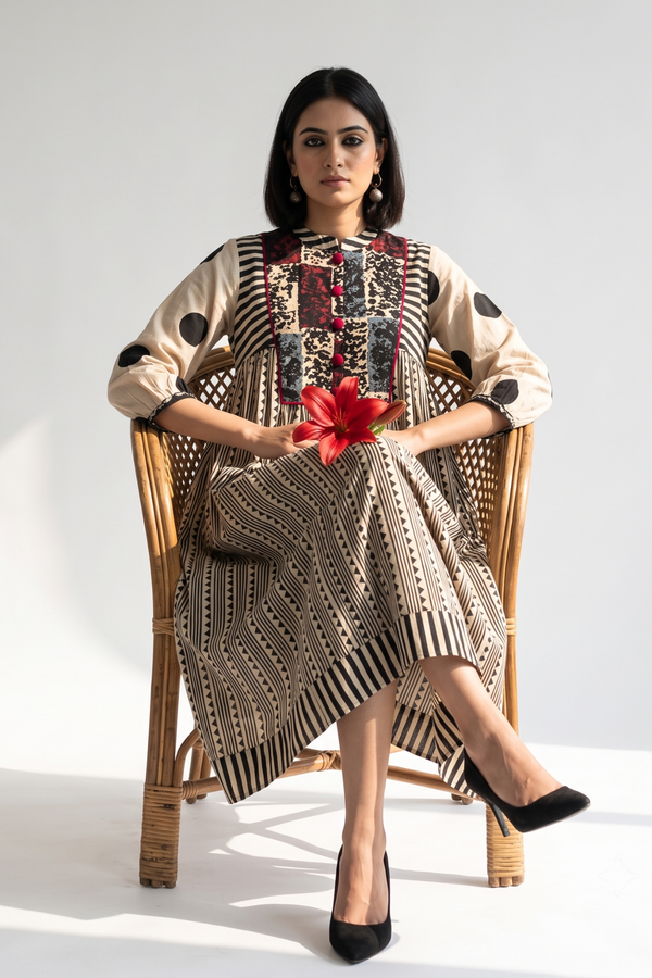Black Dotlines Pattern Story Cotton Gather Dress With Yoke