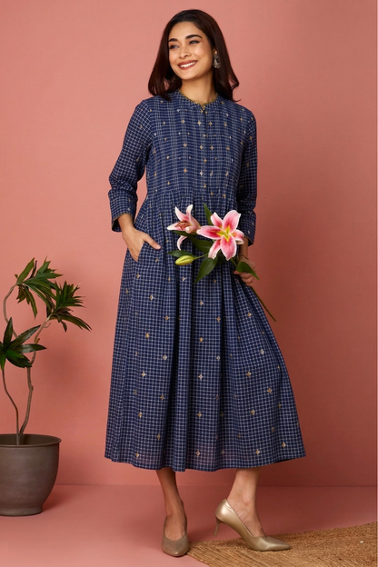 Moroccan Blue Butti Checks Cotton Infinity Pintuck Dress Mc