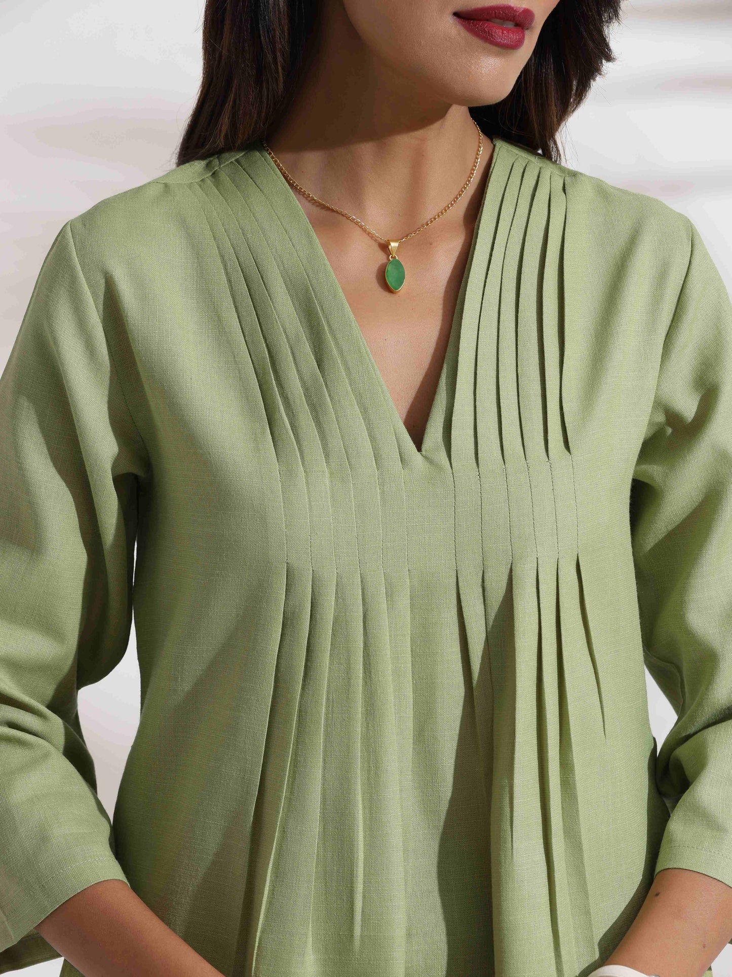 trueBrowns Green Slub Pleated Co-ord Set